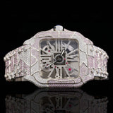 Front View of Pink Skeleton Moissanite Watch – Fully Iced Square Dial 41MM