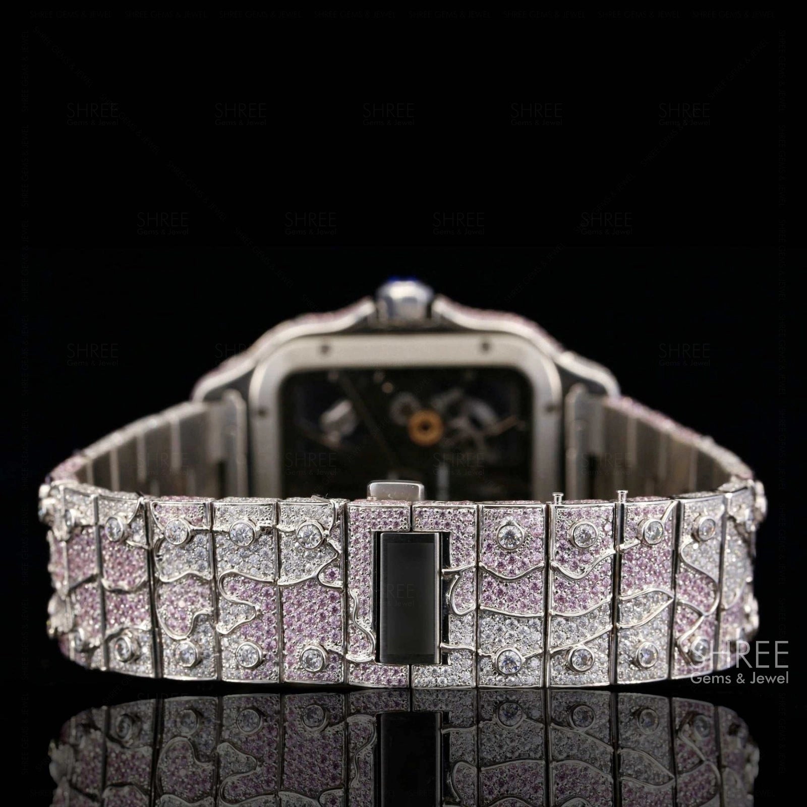 Back Side View of Pink Skeleton Moissanite Watch – Fully Iced Square Dial 41MM
