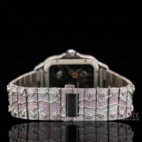 Back Side View of Pink Skeleton Moissanite Watch – Fully Iced Square Dial 41MM
