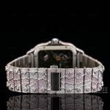Back Side View of Pink Skeleton Moissanite Watch – Fully Iced Square Dial 41MM