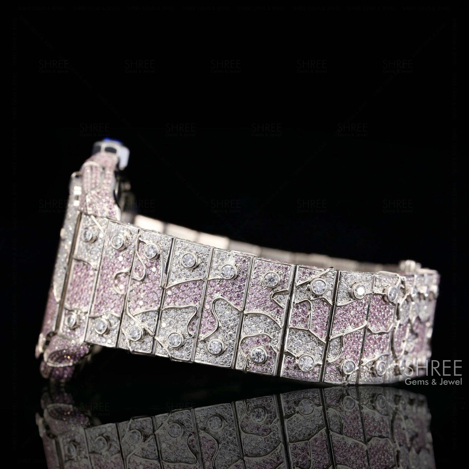 Side View of Pink Skeleton Moissanite Watch – Fully Iced Square Dial 41MM
