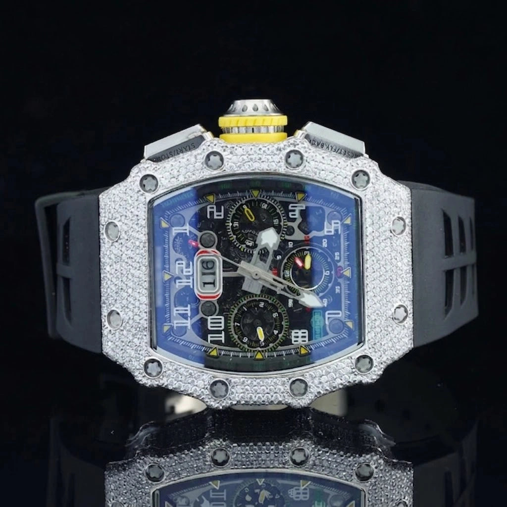 Front view of Premium Moissanite Chronograph Tonneau Shaped Watch