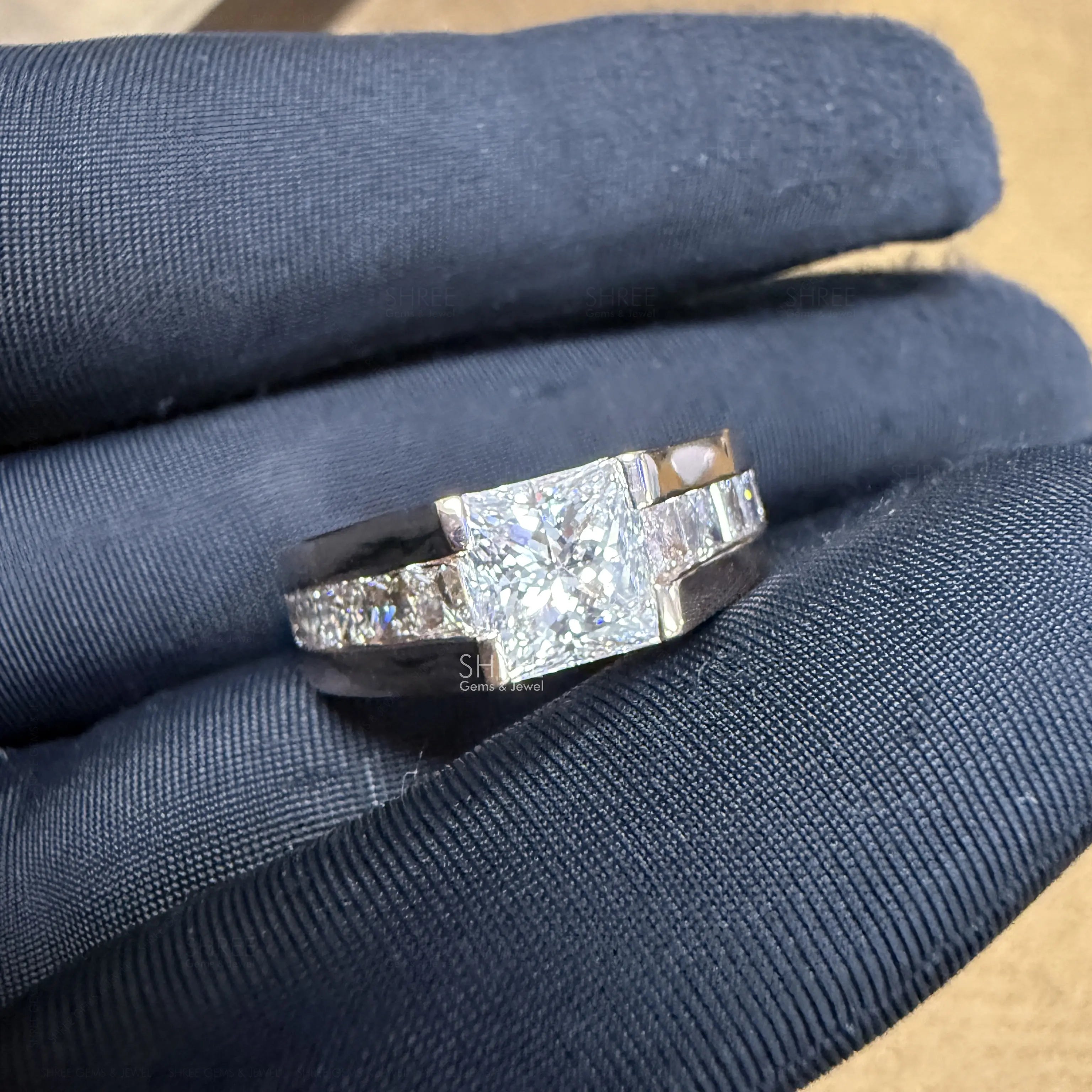 Front View of  Princess Cut Lab Created Diamond Wedding Band