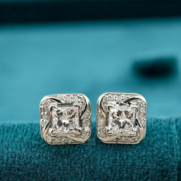 Front View Of Princess Cut Lab Grown Diamond Halo Stud Earrings