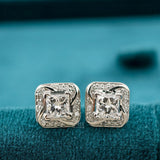 Front View Of Princess Cut Lab Grown Diamond Halo Stud Earrings