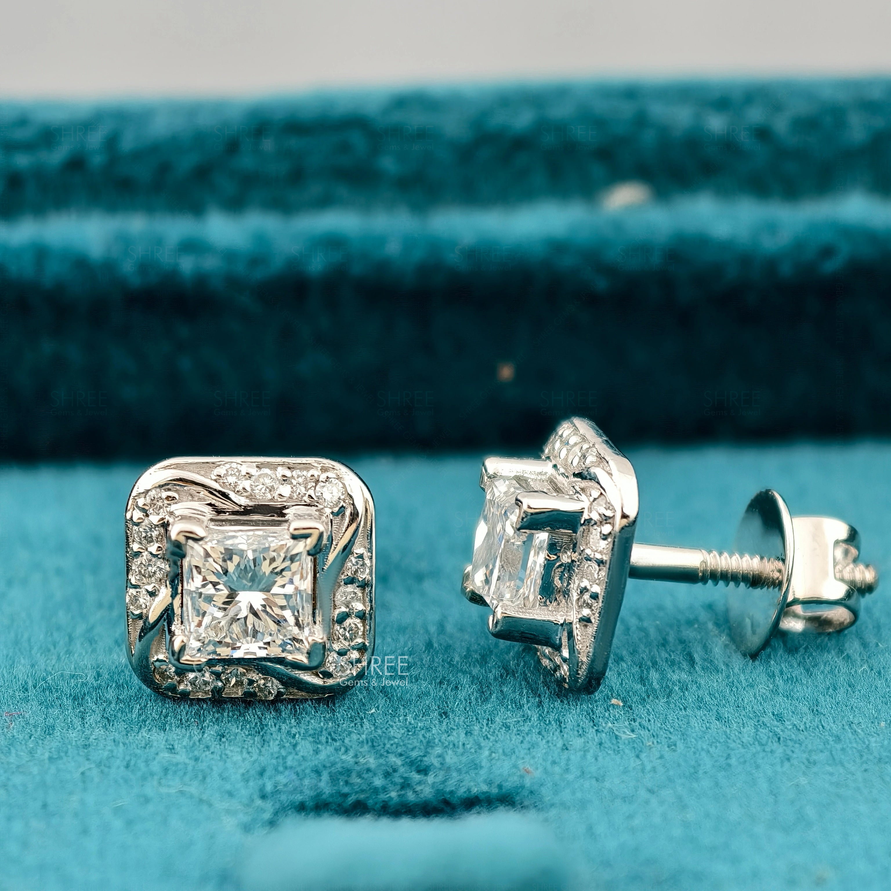 Side View Of Princess Cut Lab Diamond Halo Stud Earrings