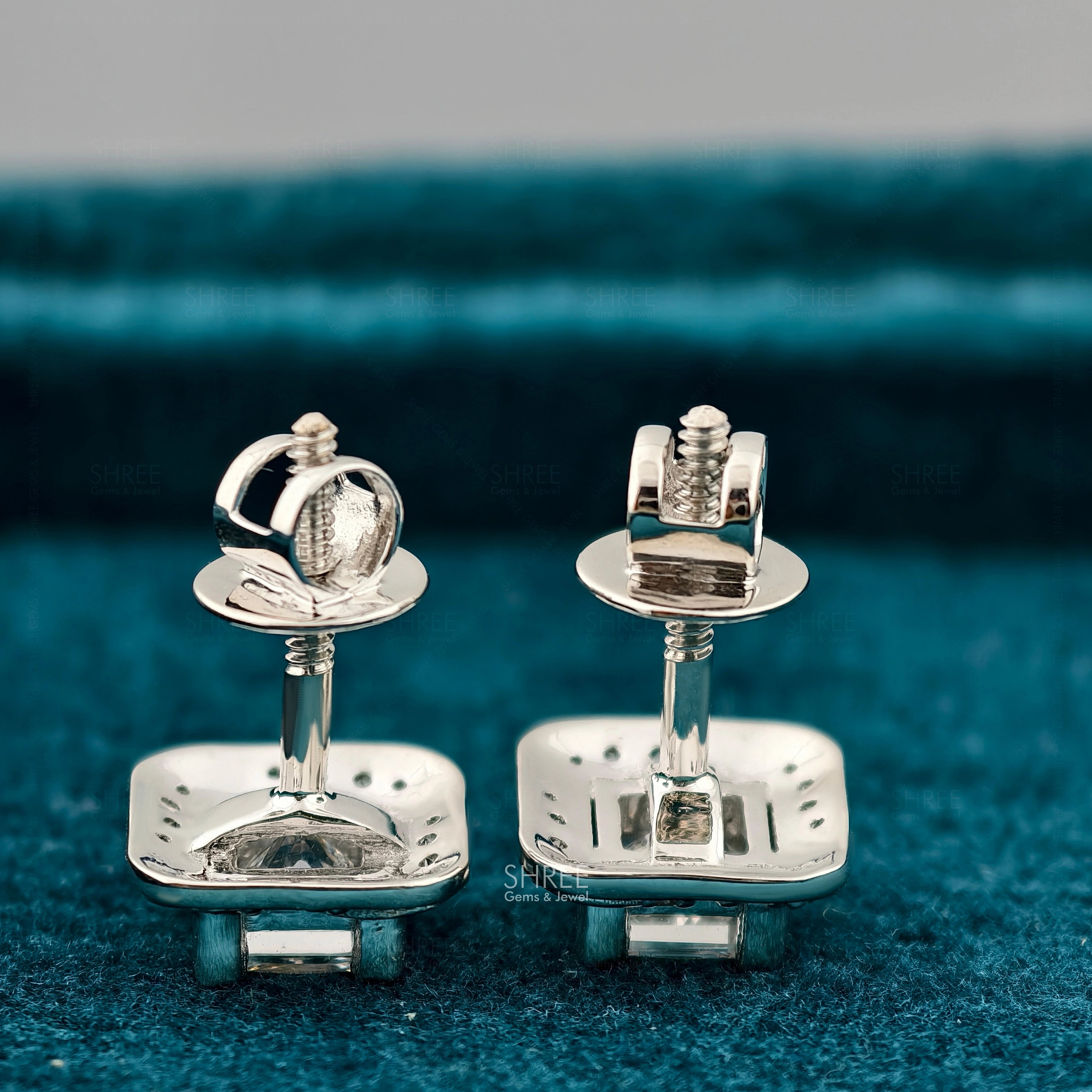 side Angle with Screw Back View of Princess Cut Lab Grown Diamond Halo Stud Earrings