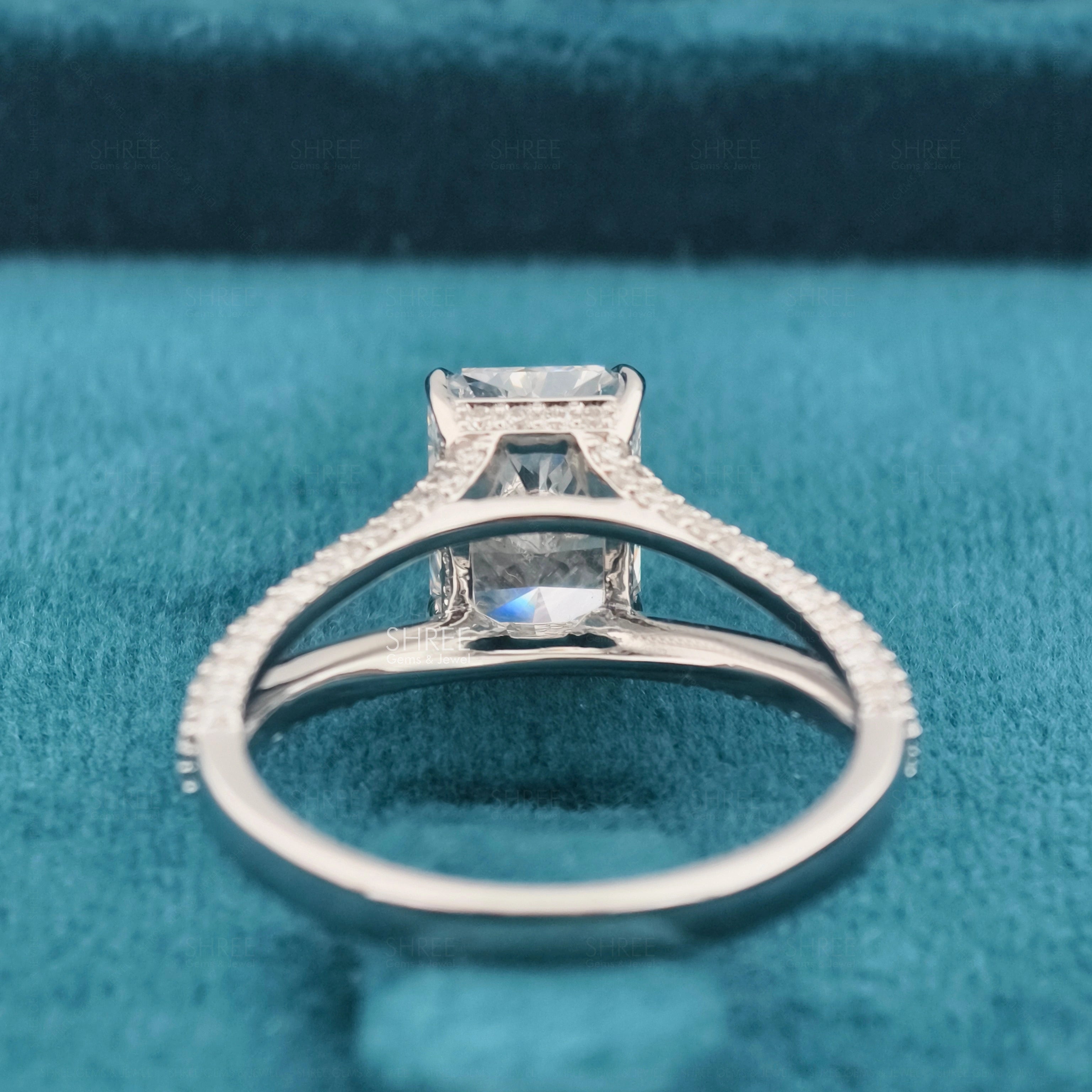 Back side view of Radiant Cut Engagement Ring with Hidden Halo