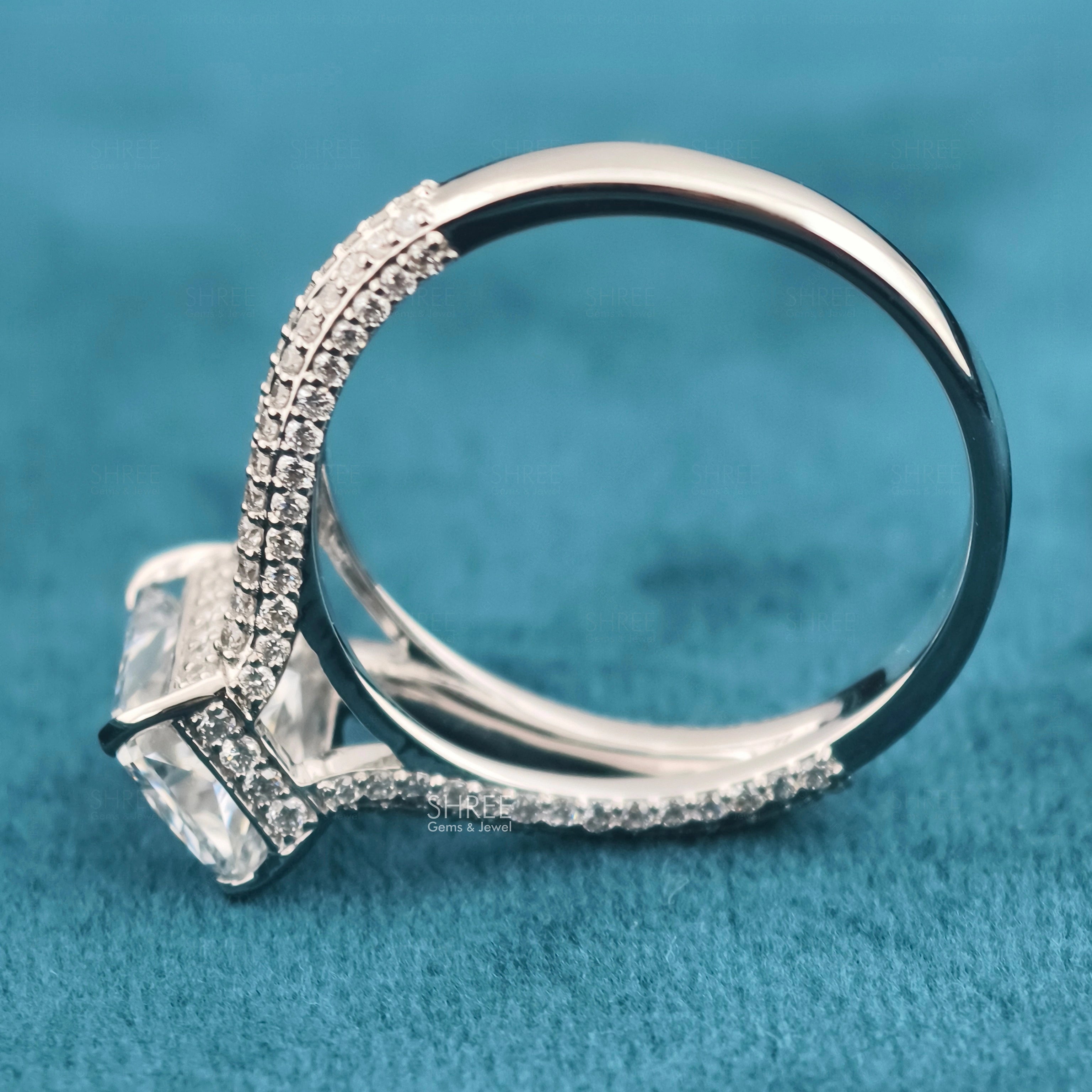 Full band view of Radiant Cut Engagement Ring with Hidden Halo
