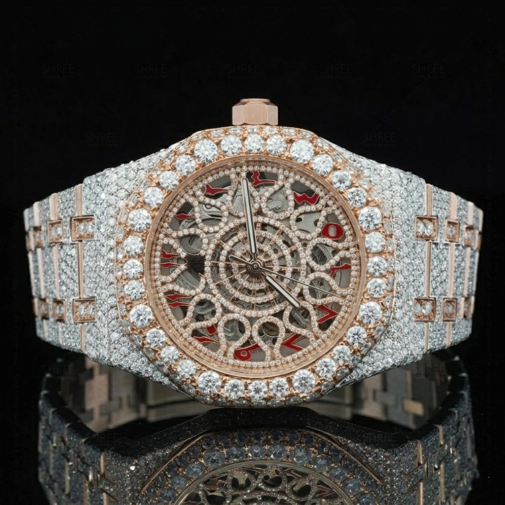 Front View of Red Arabic Dial Moissanite Watch 41mm – Iced Out Luxury AP Style Watch India
