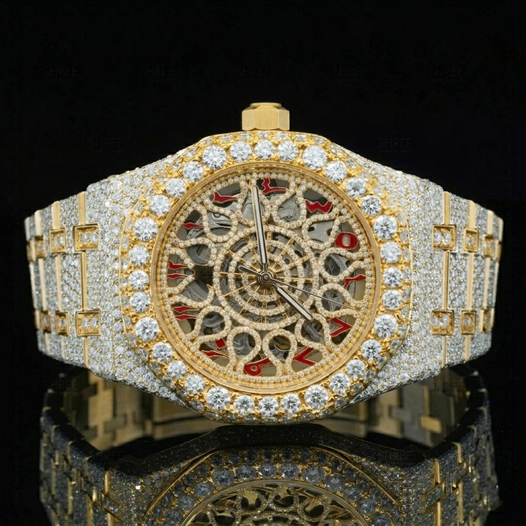 Front View of Red Arabic Dial Moissanite Watch 41mm – Iced Out Luxury AP Style Watch India