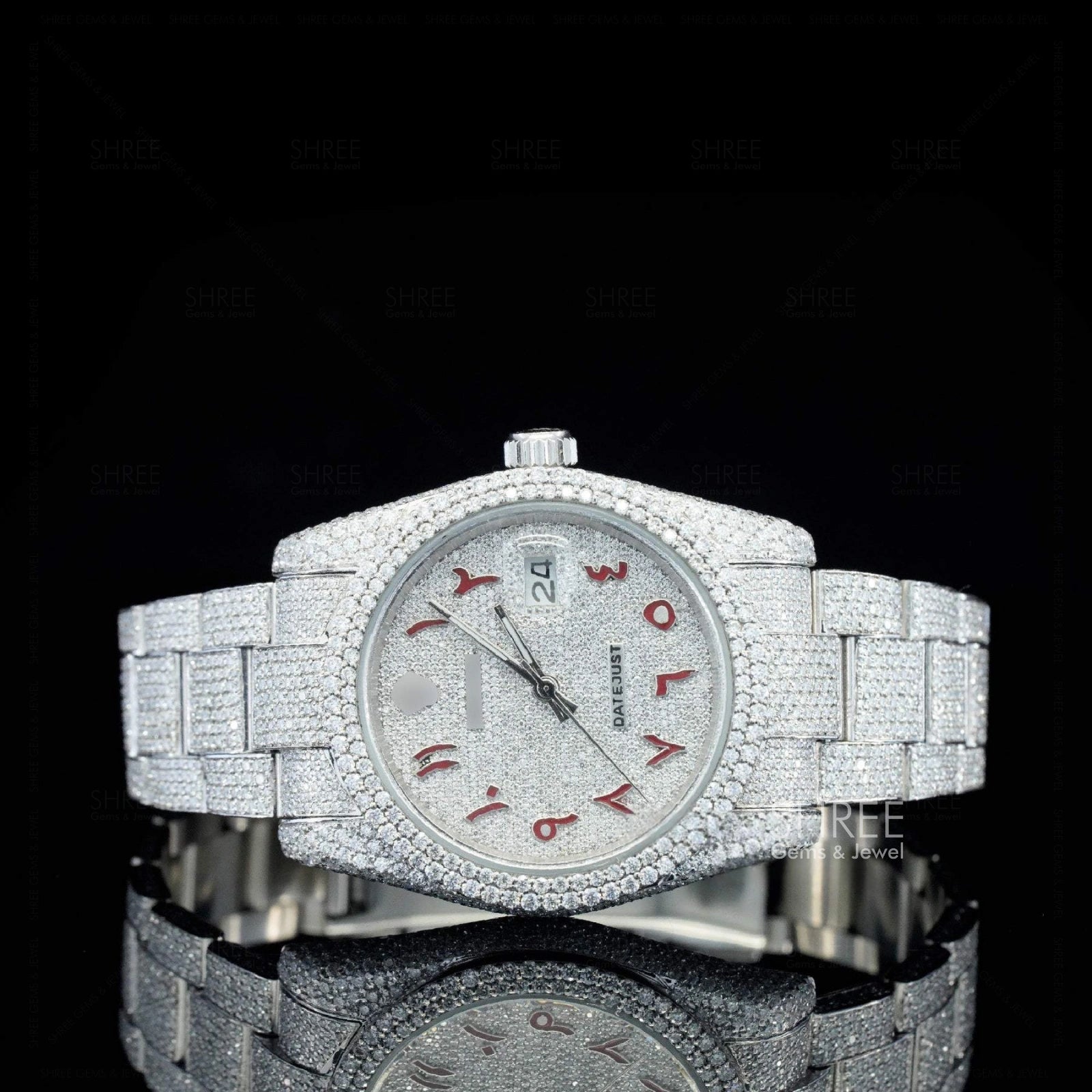 Front View of Red Arabic Numeral Fully Iced Moissanite Date Watch 