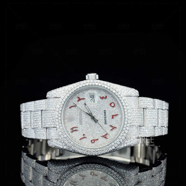 Front View of Red Arabic Numeral Fully Iced Moissanite Date Watch 