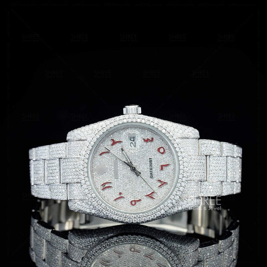 Front View of Red Arabic Numeral Fully Iced Moissanite Date Watch 