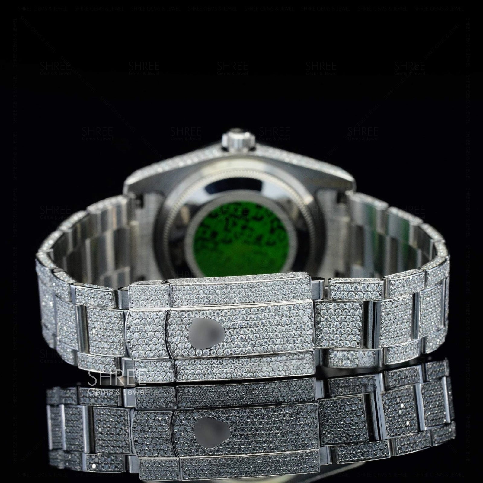 Back side view of Red Arabic Numeral Fully Iced Moissanite Date Watch
