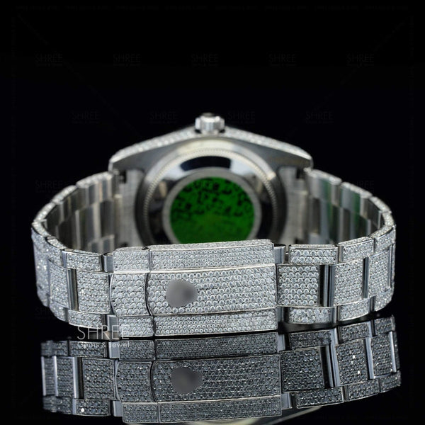 Back side view of Red Arabic Numeral Fully Iced Moissanite Date Watch