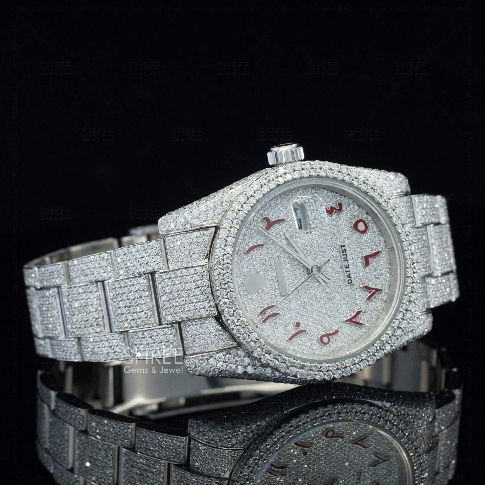 Side face view of Red Arabic Numeral Fully Iced Moissanite Date Watch