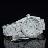 Side face view of Red Arabic Numeral Fully Iced Moissanite Date Watch
