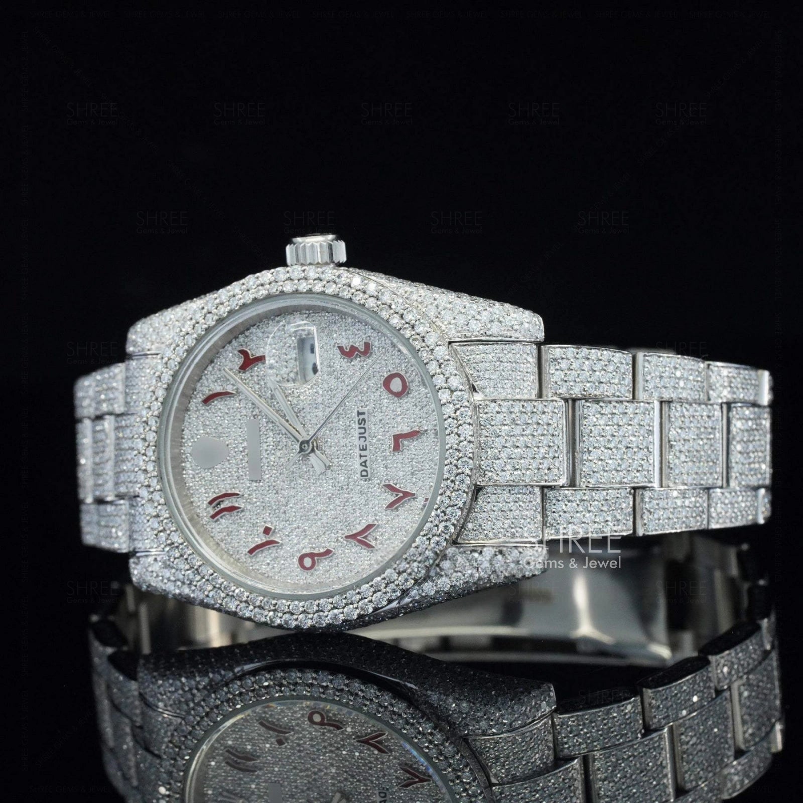 Side angle view of Red Arabic Numeral Fully Iced Moissanite Date Watch