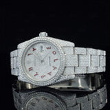 Side angle view of Red Arabic Numeral Fully Iced Moissanite Date Watch