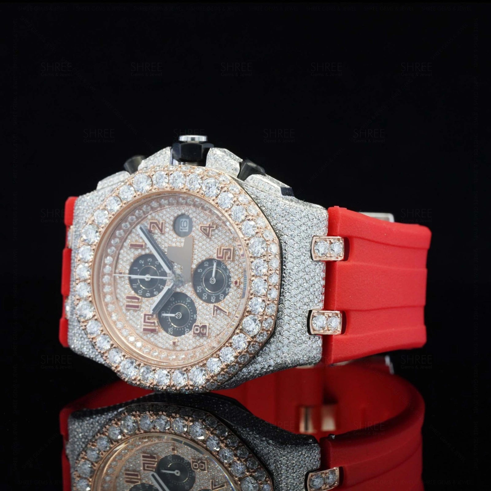 Closeup View of Red Rubber Strap Moissanite Watch 41mm Rose Gold Tone – Sport Style