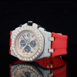 Closeup View of Red Rubber Strap Moissanite Watch 41mm Rose Gold Tone – Sport Style