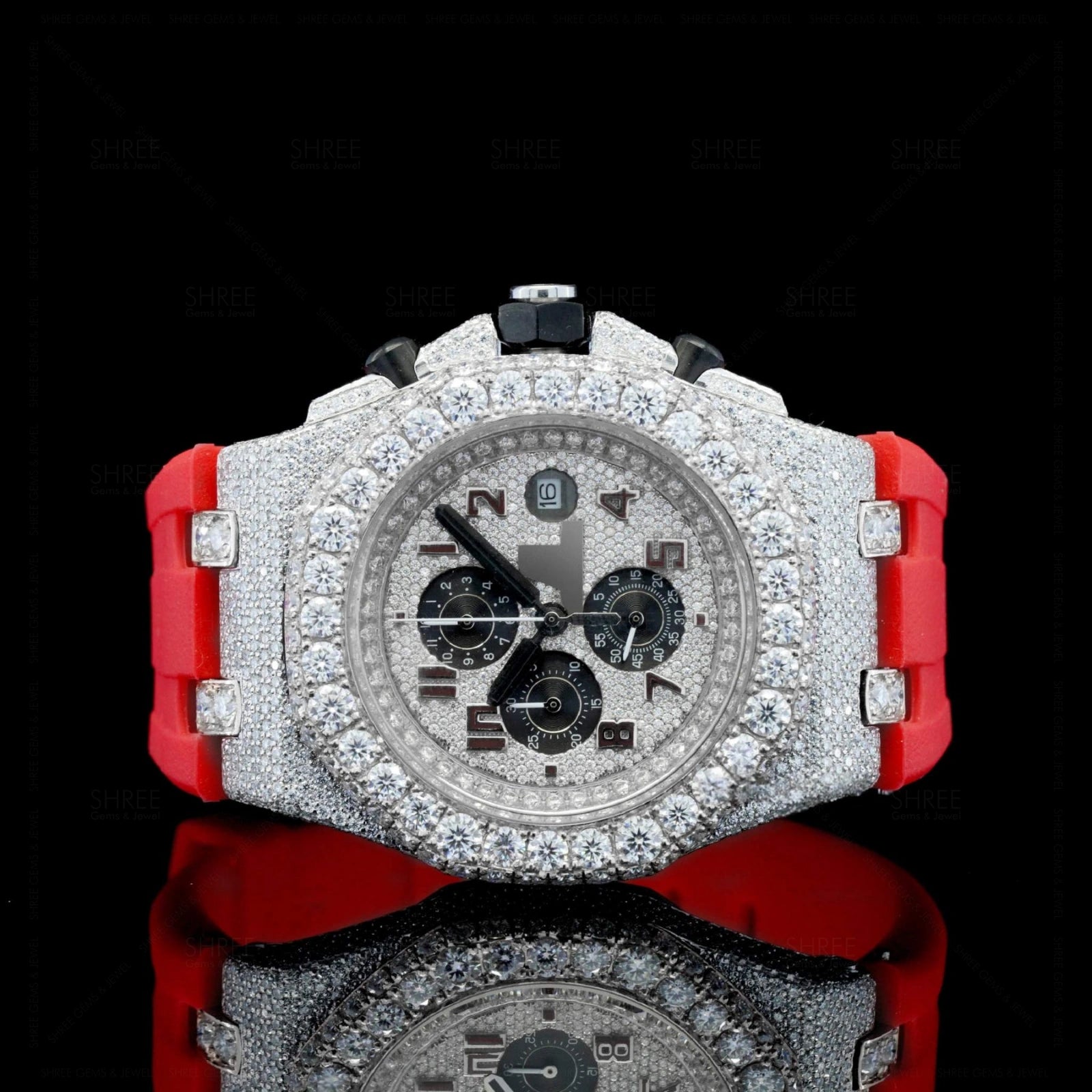 Front View of Red Rubber Strap Moissanite Watch 41mm White Gold Tone – Sport Style
