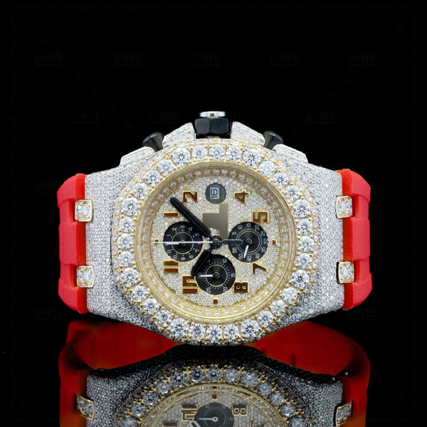 Front View of Red Rubber Strap Moissanite Wrist Watch  41 MM  Yellow Gold Tone