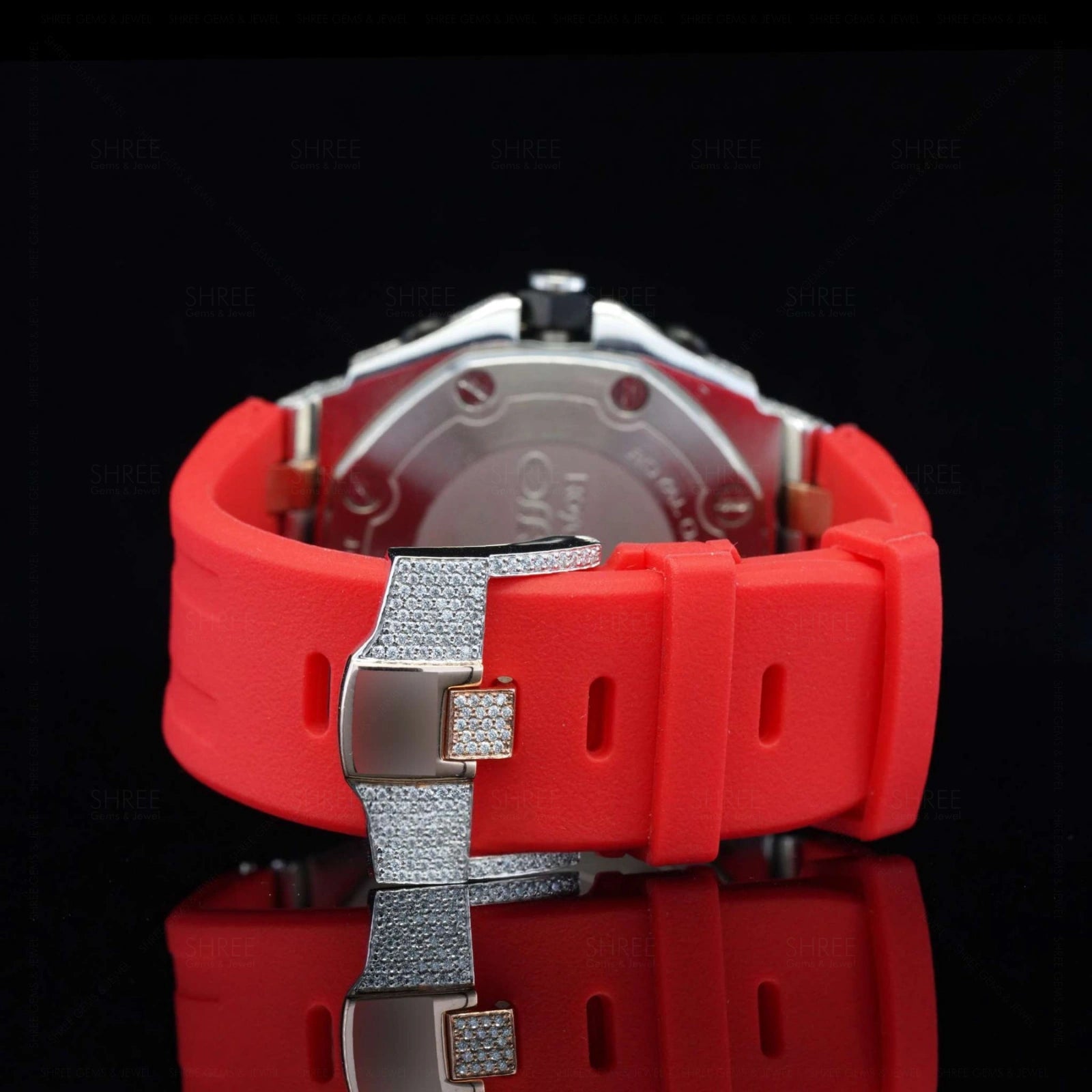 Back View of Red Rubber Strap Moissanite Watch 41mm Rose Gold Tone – Sport Style