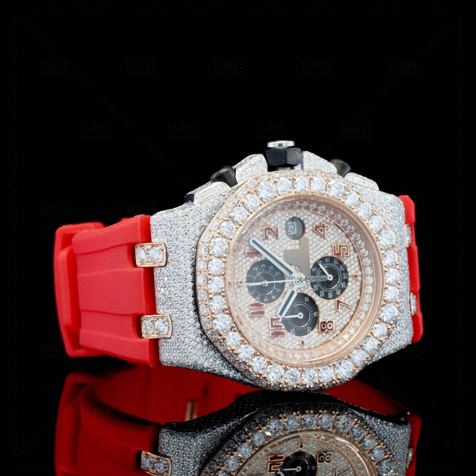 Side View of Red Rubber Strap Moissanite Watch 41mm Rose Gold Tone – Sport Style