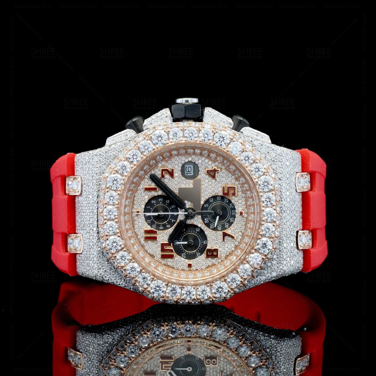 Front View of Red Rubber Strap Moissanite Watch 41mm Rose Gold Tone – Sport Style