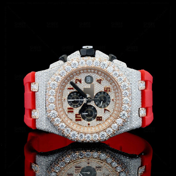 Front View of Red Rubber Strap Moissanite Wrist Watch  41 MM  Rose Gold Tone