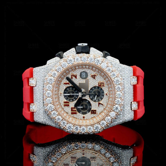 Front View of Red Rubber Strap Moissanite Wrist Watch  41 MM  Rose Gold Tone