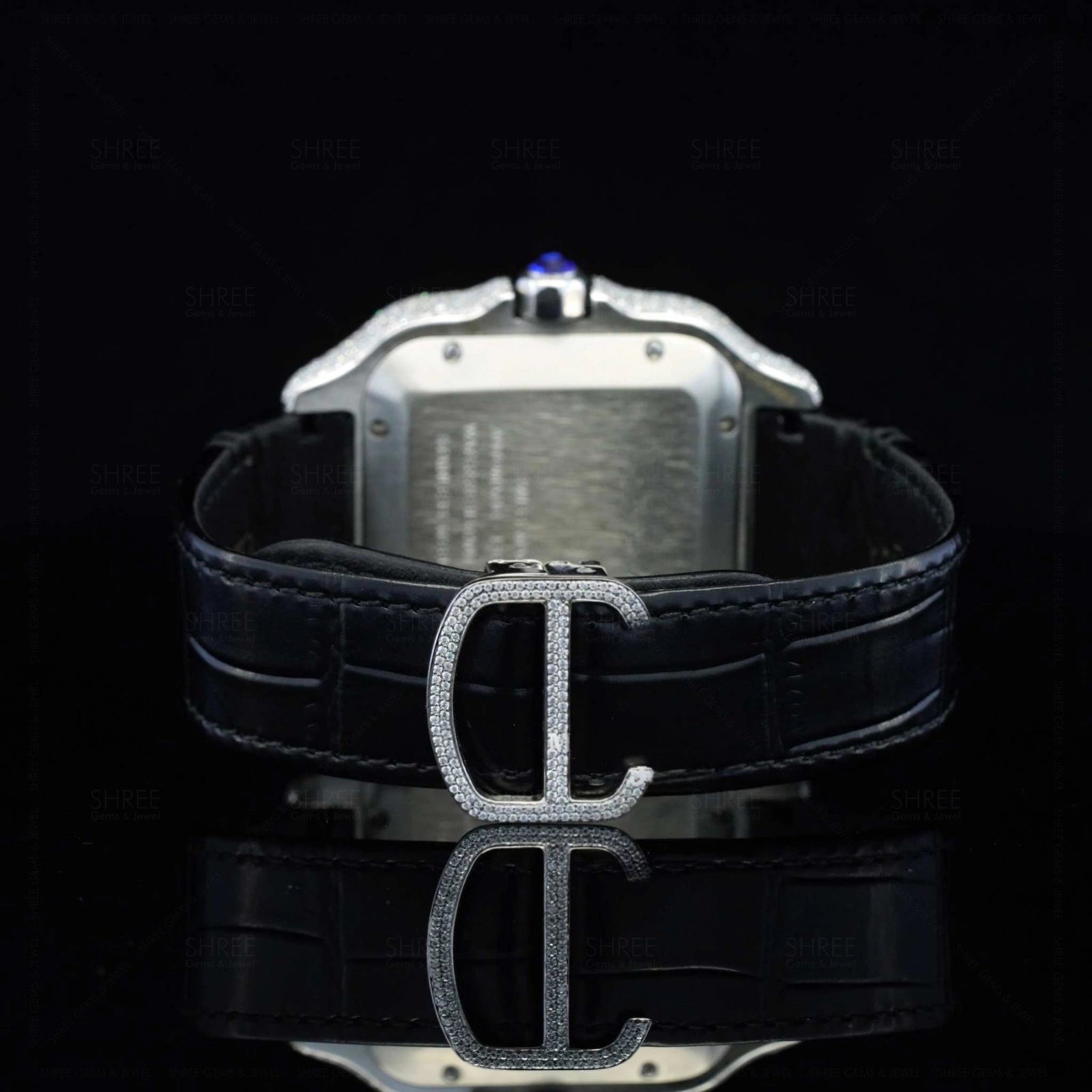Back View of Roman Black Dial Black Leather Strap Moissanite Watch 41 MM Rose Gold Tone