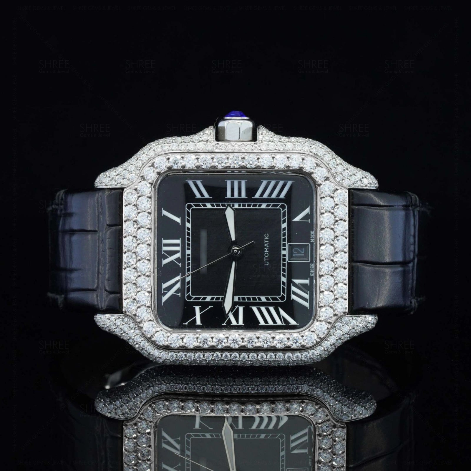 Front View of Roman Black Dial Black Leather Strap Moissanite Watch 41 MM White Gold Tone