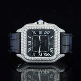 Front View of Roman Black Dial Black Leather Strap Moissanite Watch 41 MM White Gold Tone