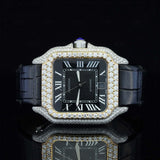 Front View of Roman Black Dial Black Leather Strap Moissanite Watch 41 MM Yellow Gold Tone