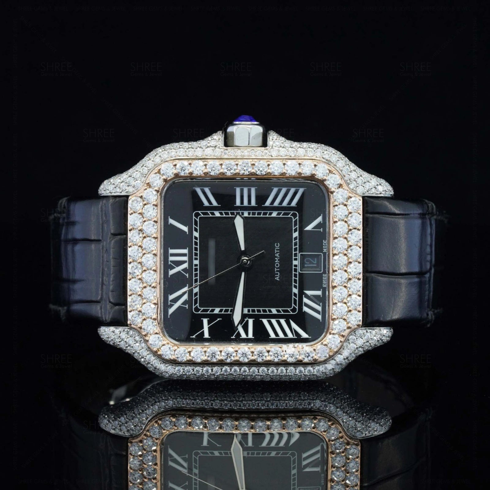 Front View of Roman Black Dial Black Leather Strap Moissanite Watch 41 MM Rose Gold Tone