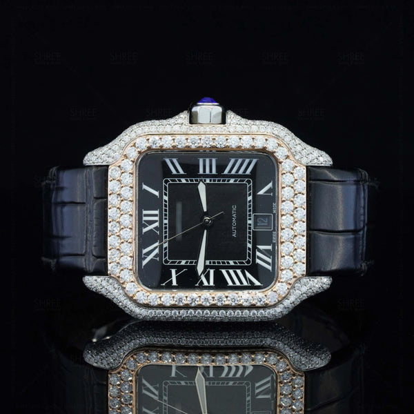 Front View of Roman Black Dial Black Leather Strap Moissanite Watch 41 MM Rose Gold Tone