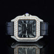 Front View of Roman Black Dial Black Leather Strap Moissanite Watch 41 MM Rose Gold Tone