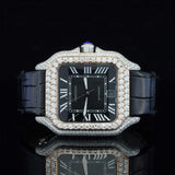 Front View of Roman Black Dial Black Leather Strap Moissanite Watch 41 MM Rose Gold Tone