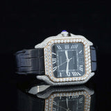 Side VIew of Roman Black Dial Black Leather Strap Moissanite Watch 41 MM Rose Gold Tone