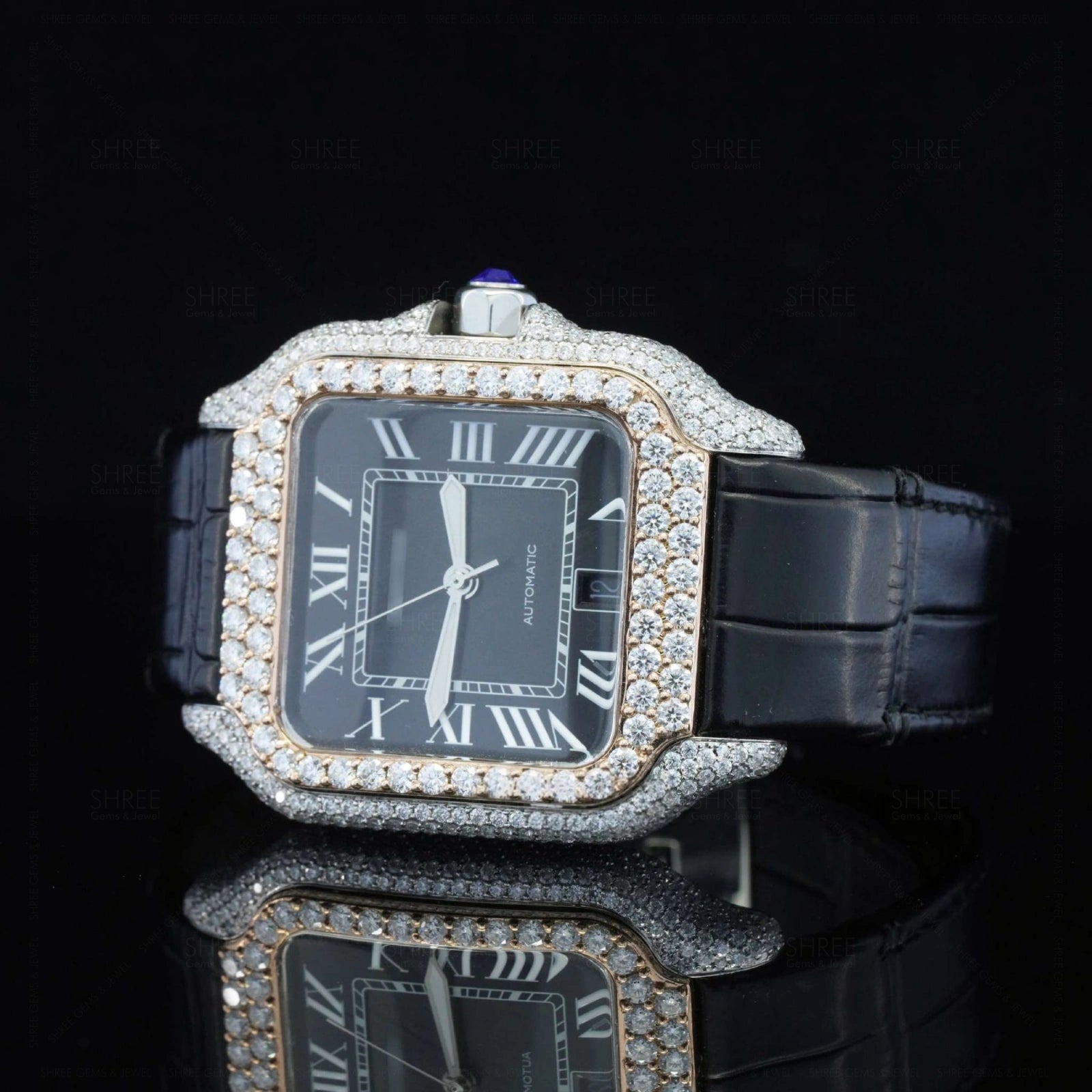 Close up View of Roman Black Dial Black Leather Strap Moissanite Watch 41 MM Rose Gold Tone