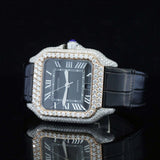 Close up View of Roman Black Dial Black Leather Strap Moissanite Watch 41 MM Rose Gold Tone