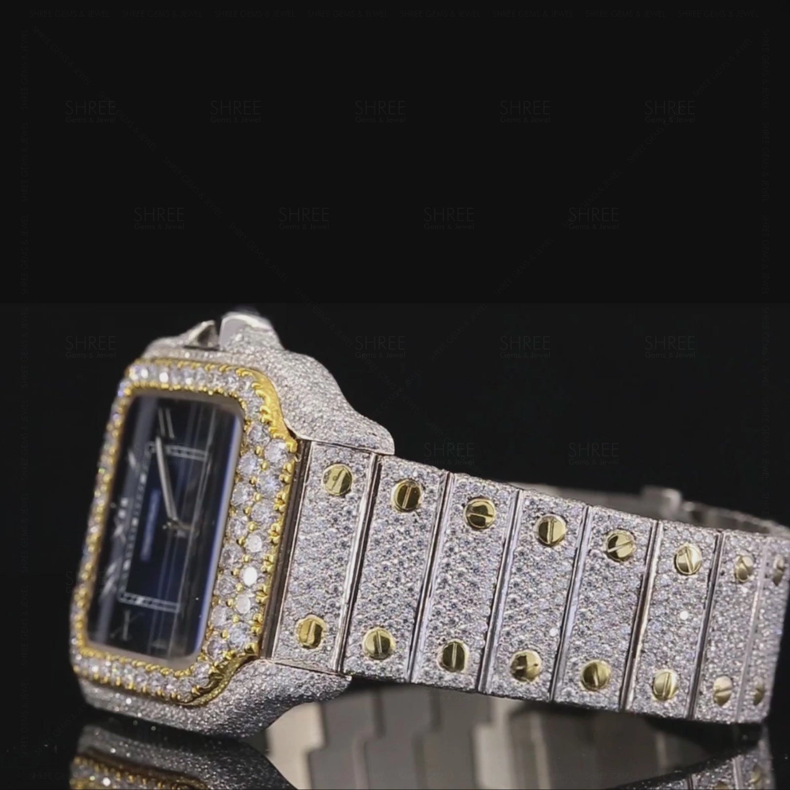 Side View of Roman Blue Dial Two Tone Moissanite Watch | 41 MM | Yellow Gold Tone