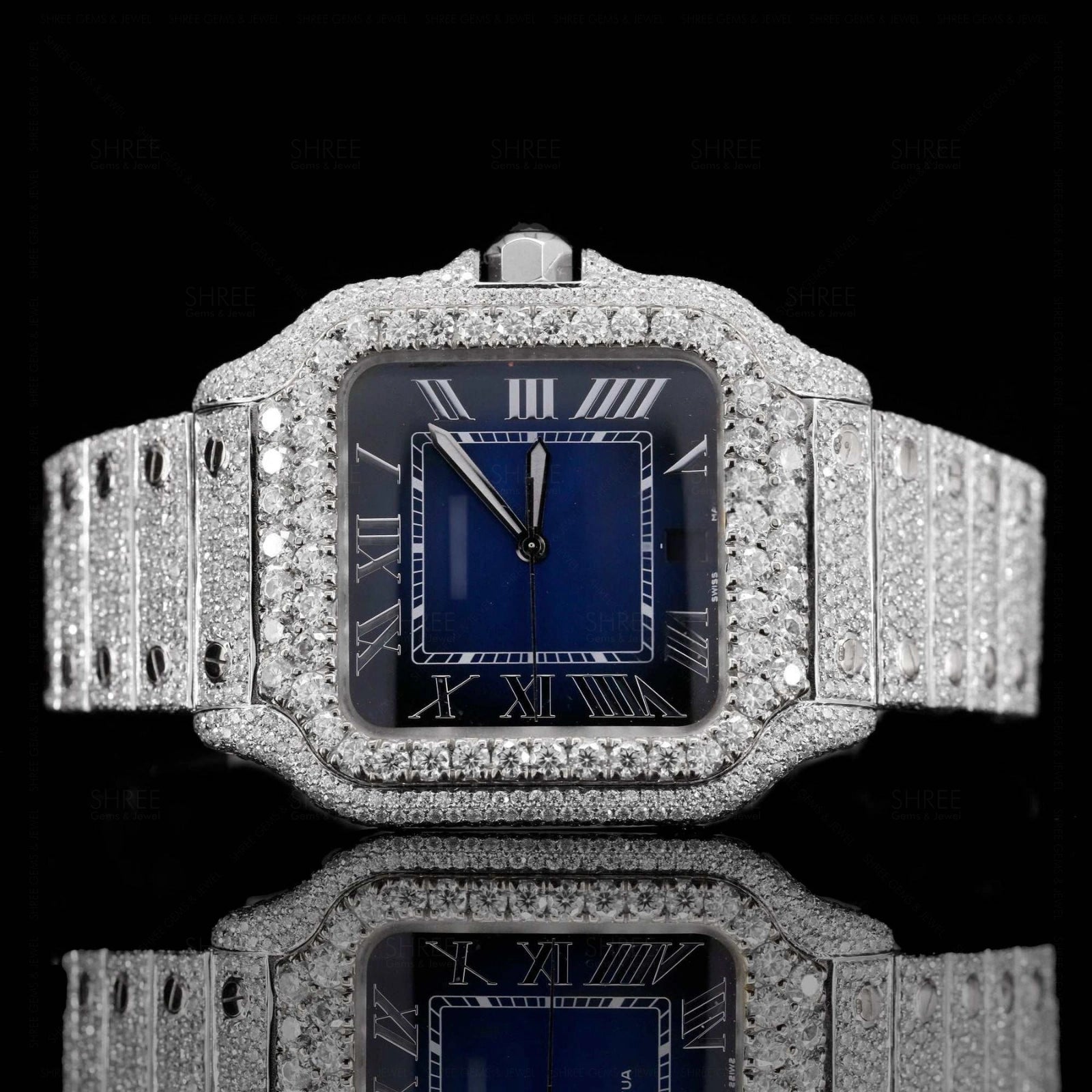 Front View of Roman Blue Dial Two Tone Moissanite Watch | 41 MM | White Gold Tone