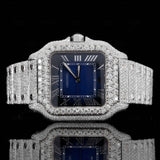 Front View of Roman Blue Dial Two Tone Moissanite Watch | 41 MM | White Gold Tone