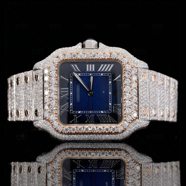 Front View of Roman Blue Dial Two Tone Moissanite Watch | 41 MM | Rose Gold Tone