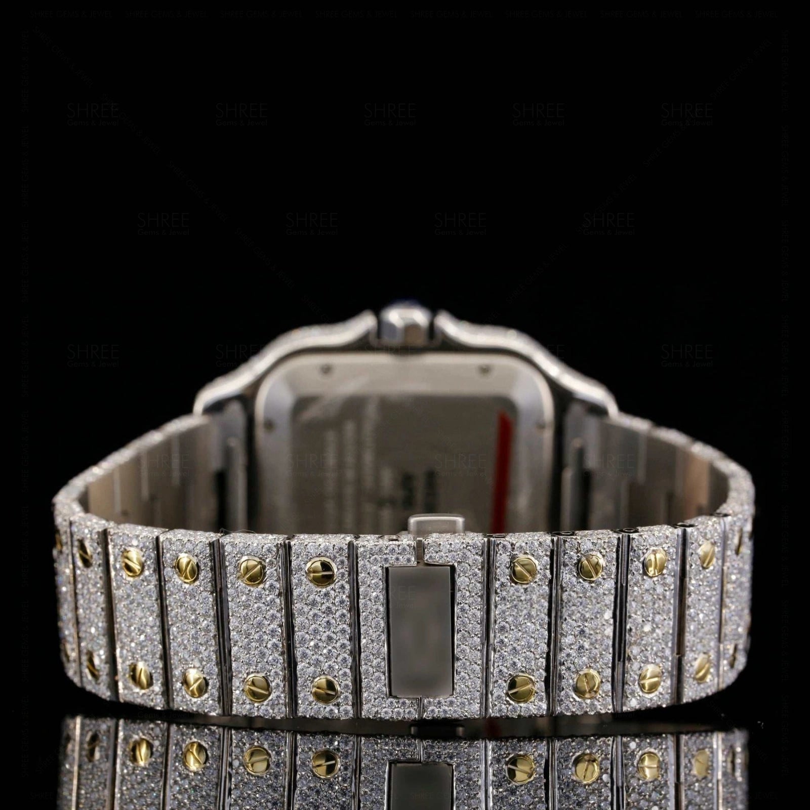 Back View of Roman Blue Dial Two Tone Moissanite Watch | 41 MM | Yellow Gold Tone