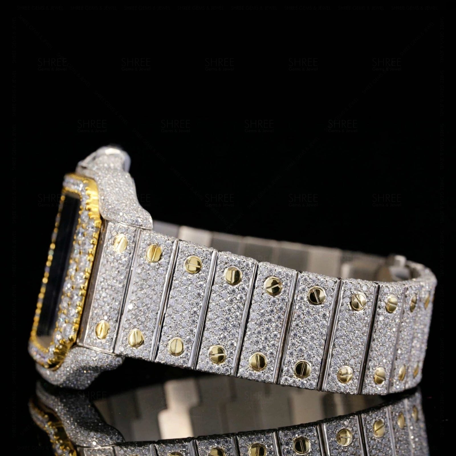 Band View of Roman Blue Dial Two Tone Moissanite Watch | 41 MM | Yellow Gold Tone